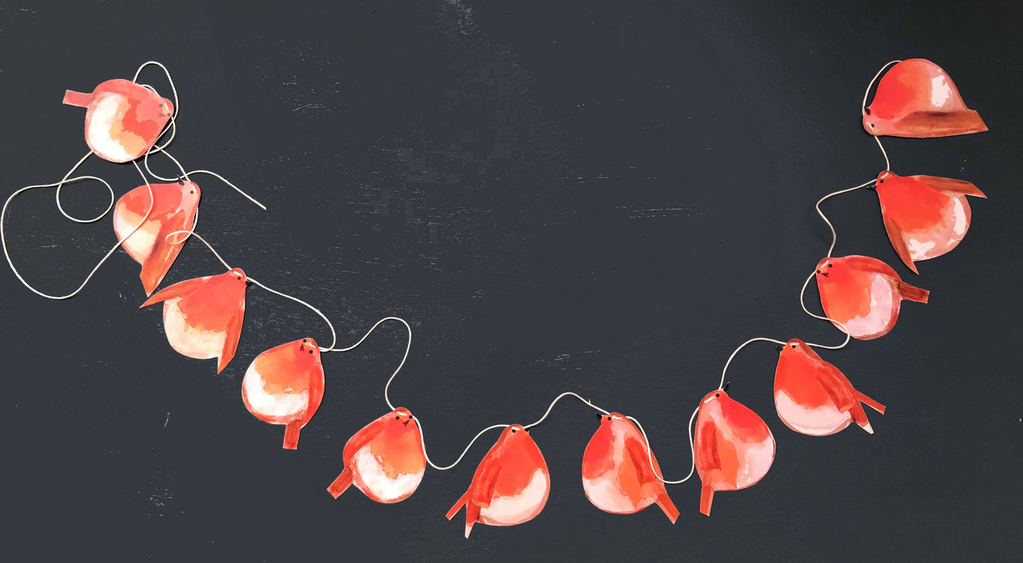 Festive Robin Garland by Wini Tapp featuring 12 double-sided printed robins, 2 metres long, printed on cardstock, strung on hemp string