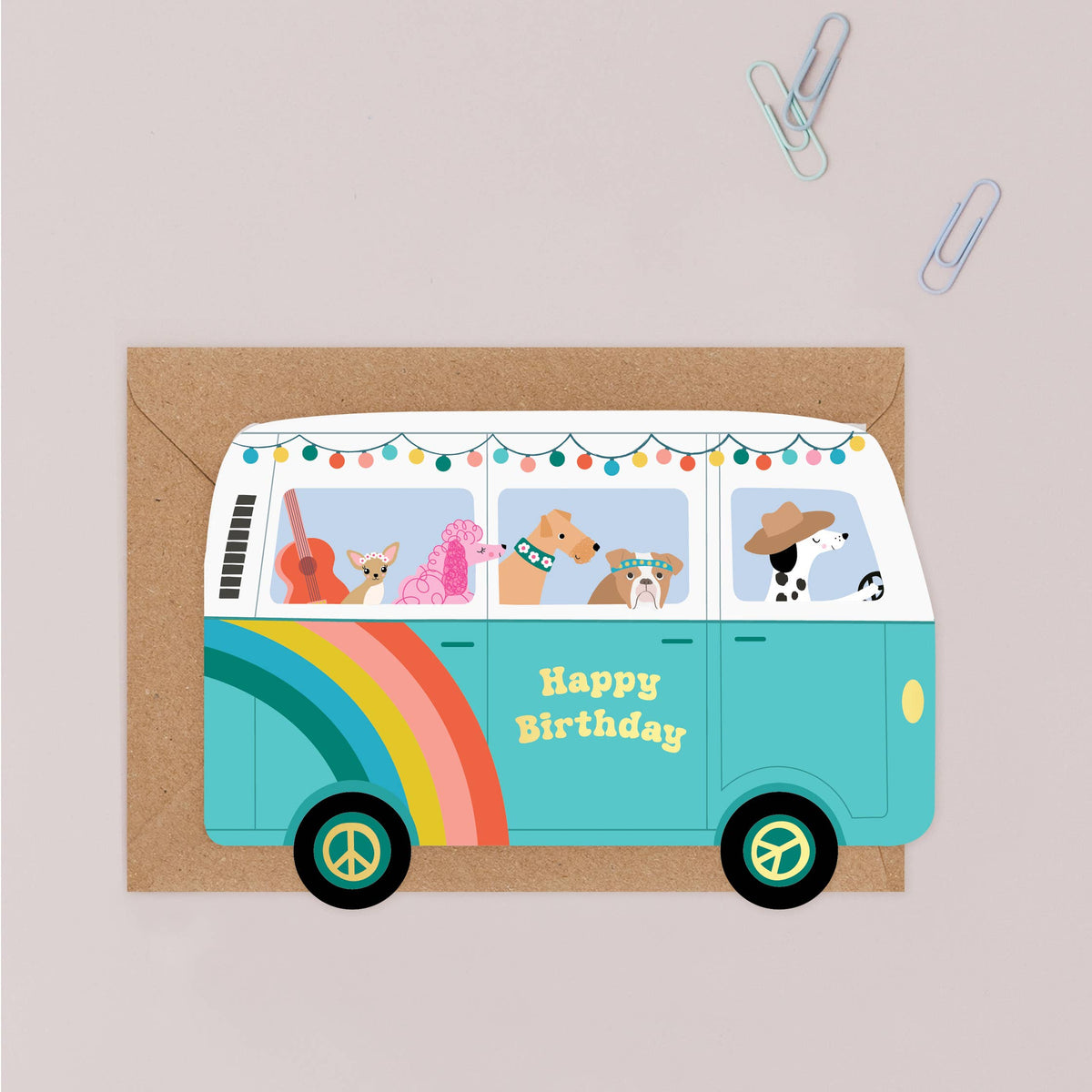 Paws on Tour camper van shaped birthday card with hippie dogs
