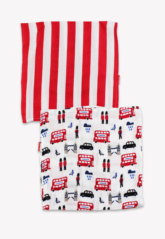 Close-up of London landmarks print on organic cotton baby muslin square