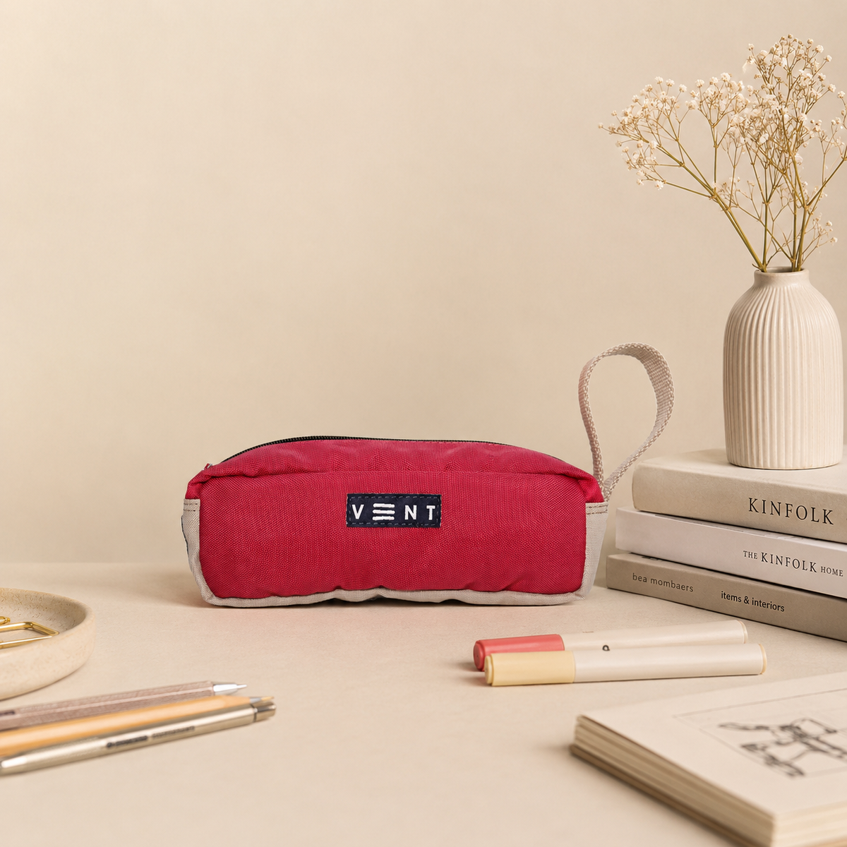 Side profile of sustainable raspberry pink recycled pencil case