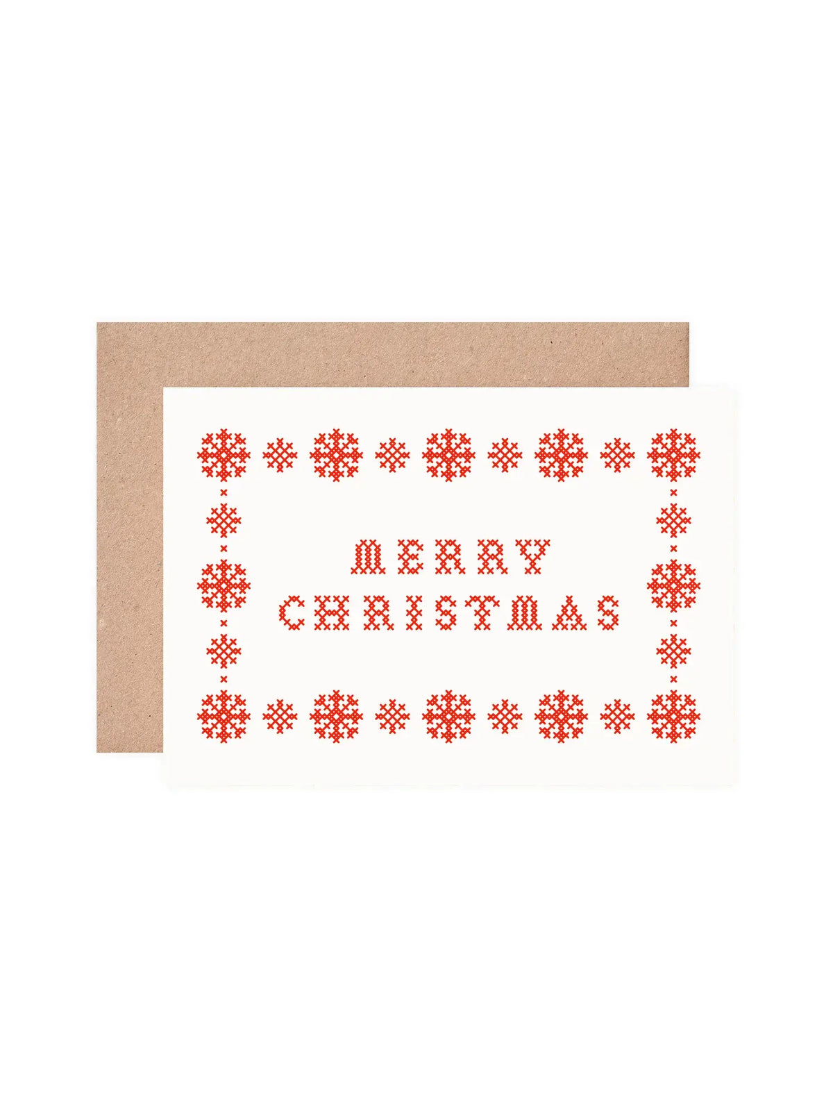 Close-up of screen printed red folk art lettering on Christmas card
