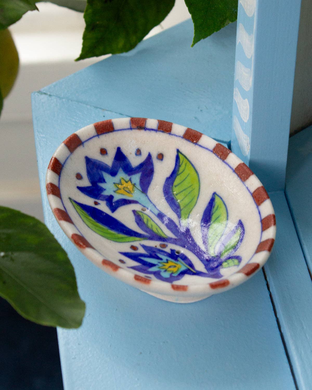 Hand-painted ceramic soap dish with colourful Indian flower design