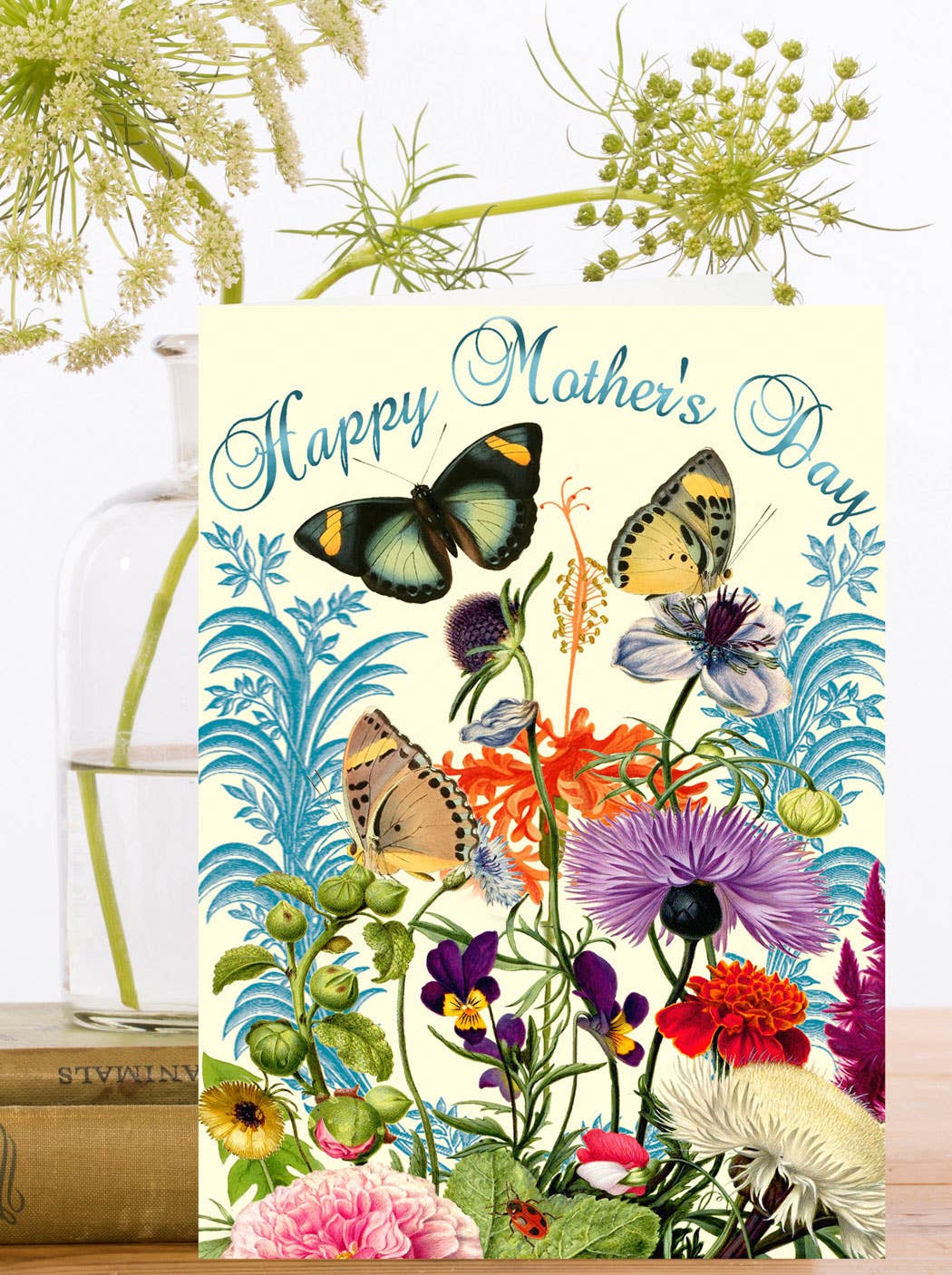 Hand Glittered Mother's Day Card with Vintage Floral and Butterfly Design