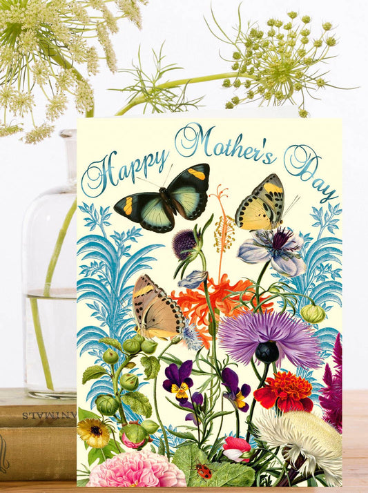 Hand Glittered Mother's Day Card with Vintage Floral and Butterfly Design