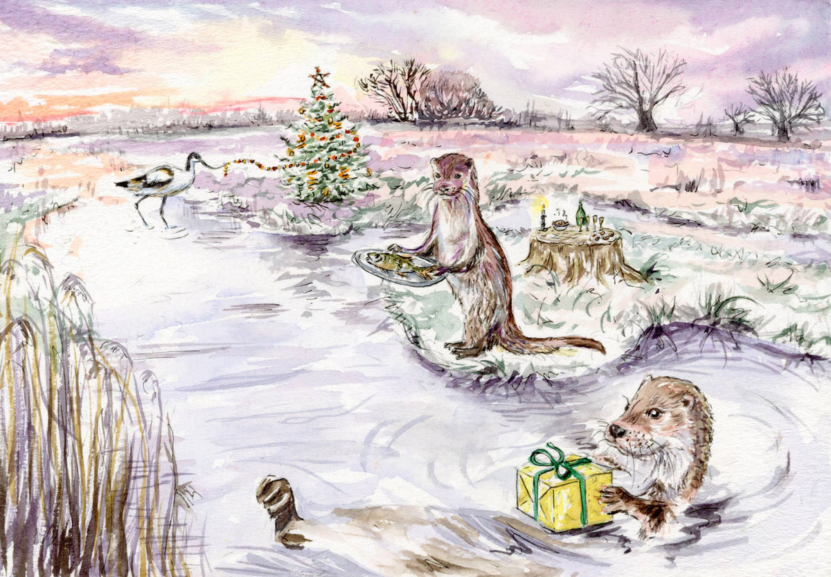 Otters and Avocet on Christmas Eve Greeting Card by Jessica Kendrew