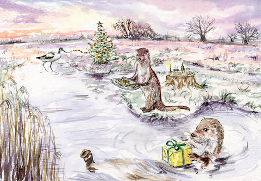 Otters and Avocet on Christmas Eve Greeting Card by Jessica Kendrew