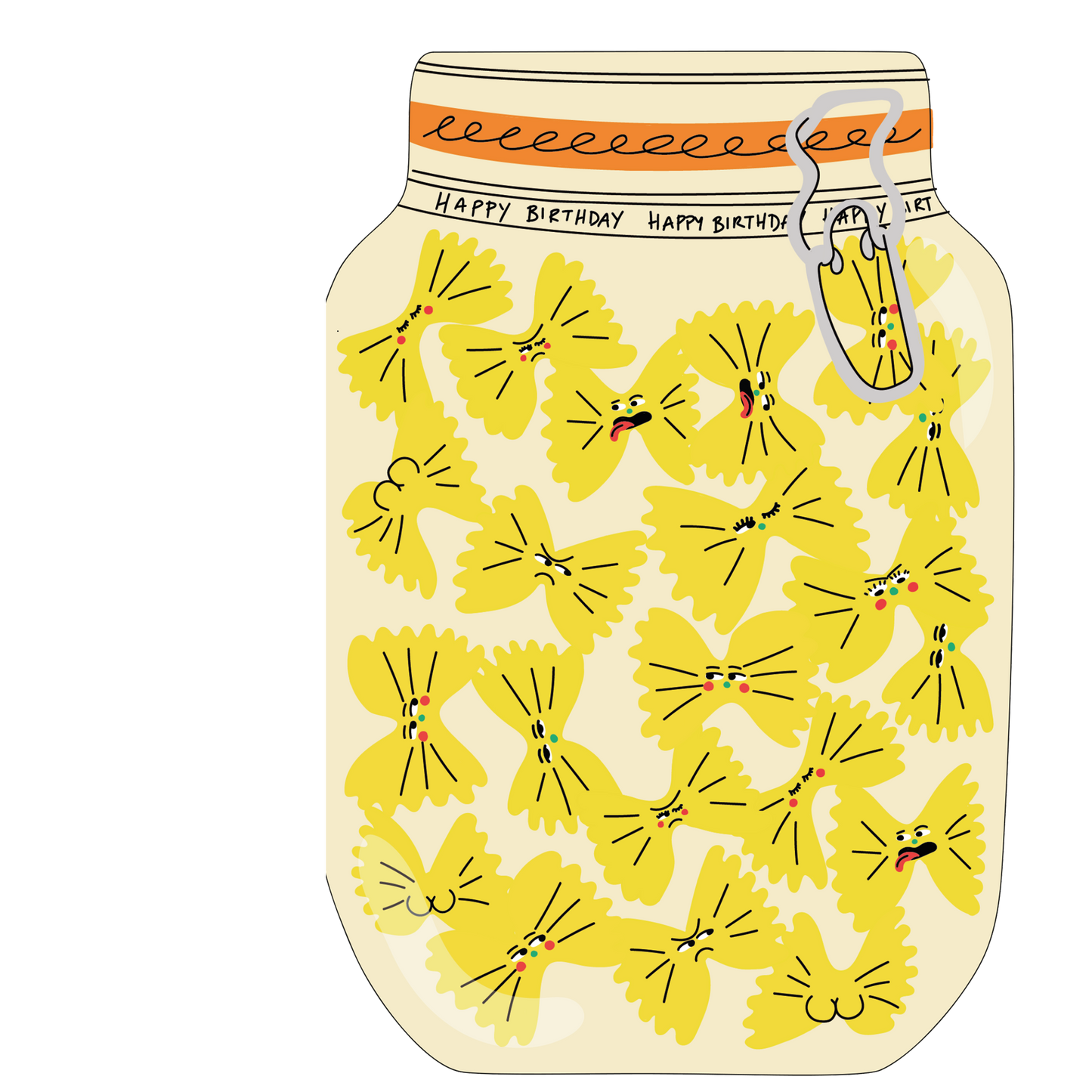 Illustration of a mason jar with yellow pasta shapes and 'Happy Birthday' text on an orange band.