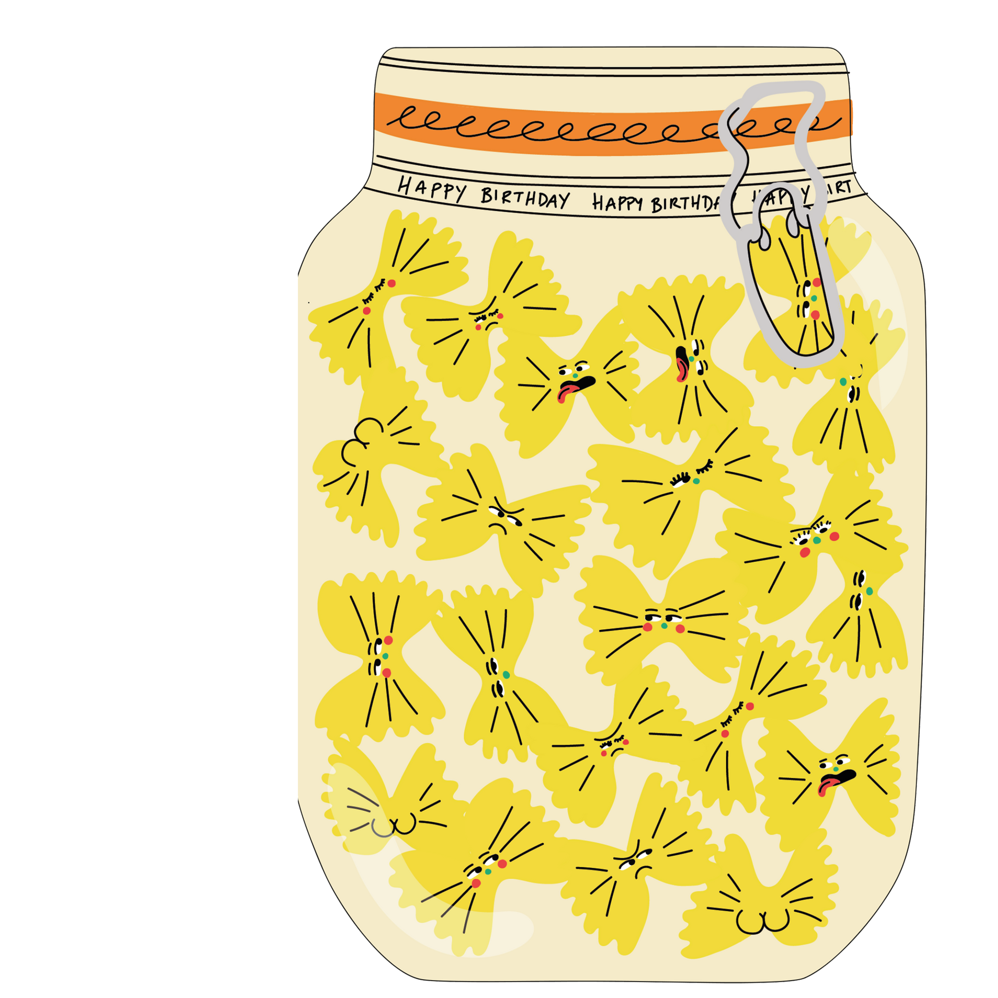 Illustration of a mason jar with yellow pasta shapes and 'Happy Birthday' text on an orange band.