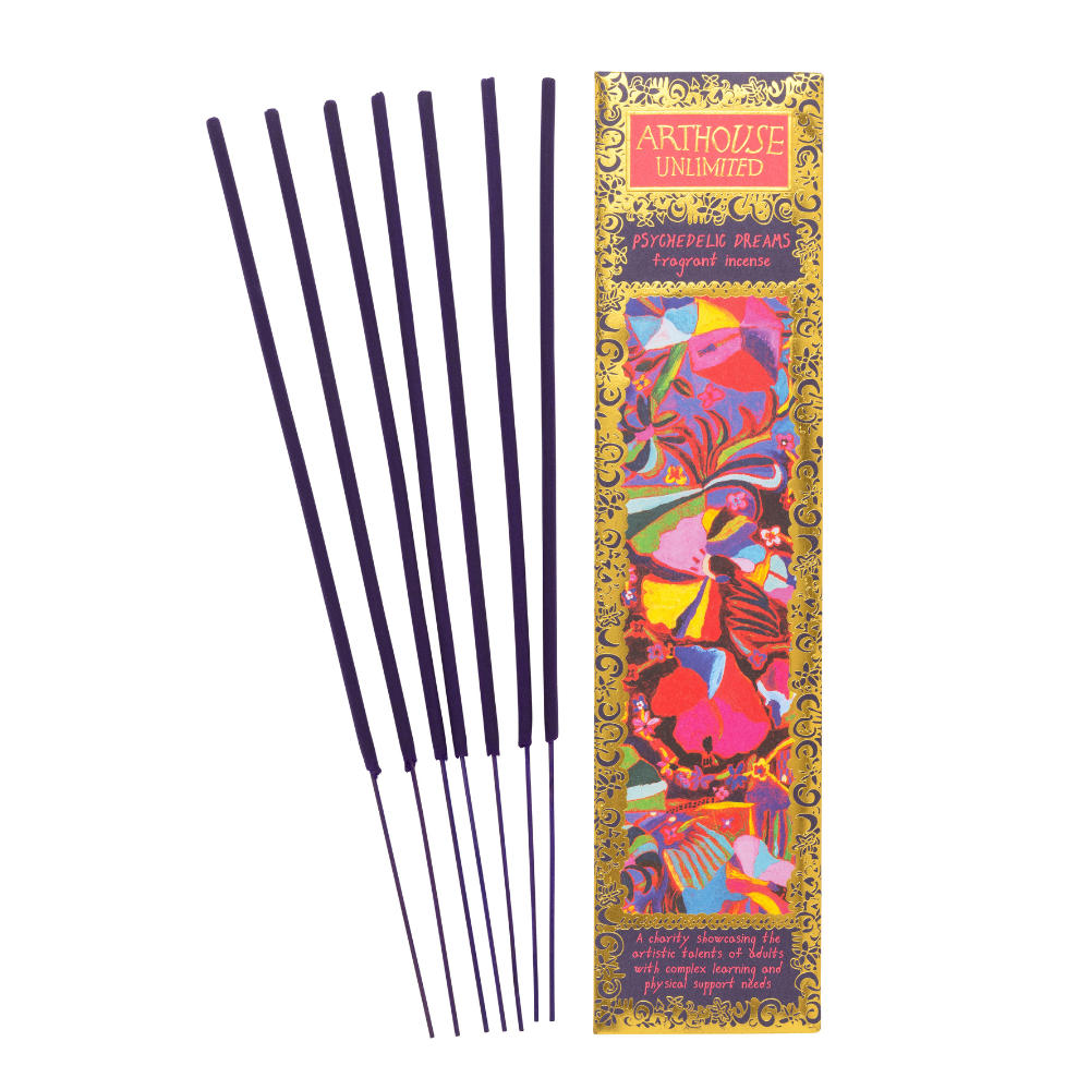 Psychadelic Dreams incense sticks featuring hand-dipped bamboo coated in tree powder, fragranced with violet, pink pepper, and orange blossom; artwork by Laura Tregellas.