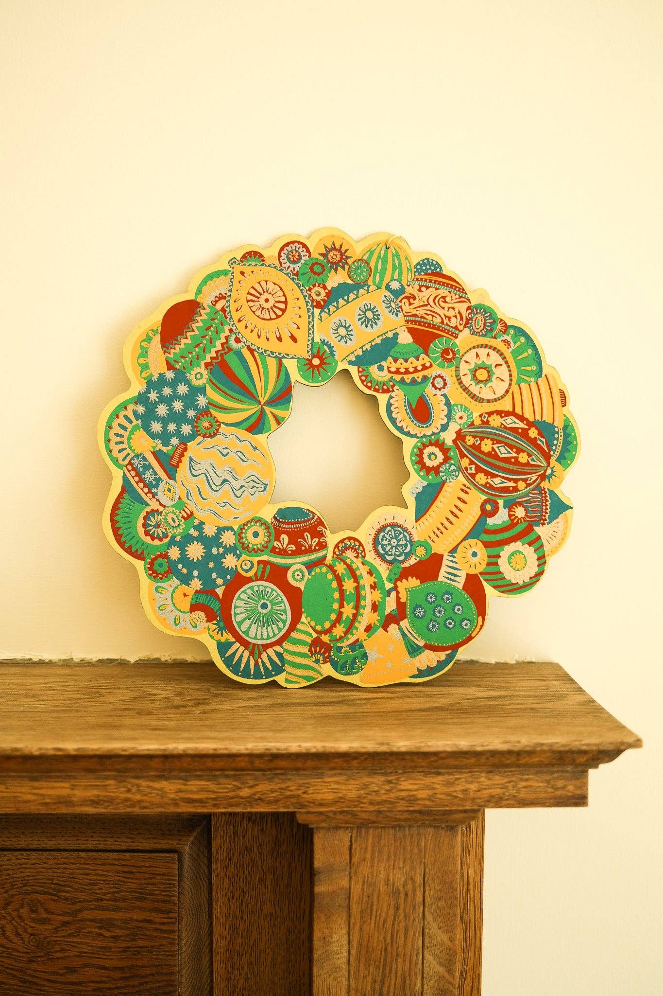 Hand-printed Colourful Bauble Cotton Board Wreath by East End Press with hanging loop, sustainable ornament