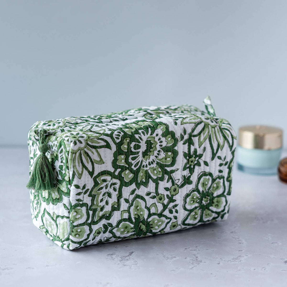 Side profile of Meadow box shape cosmetic bag