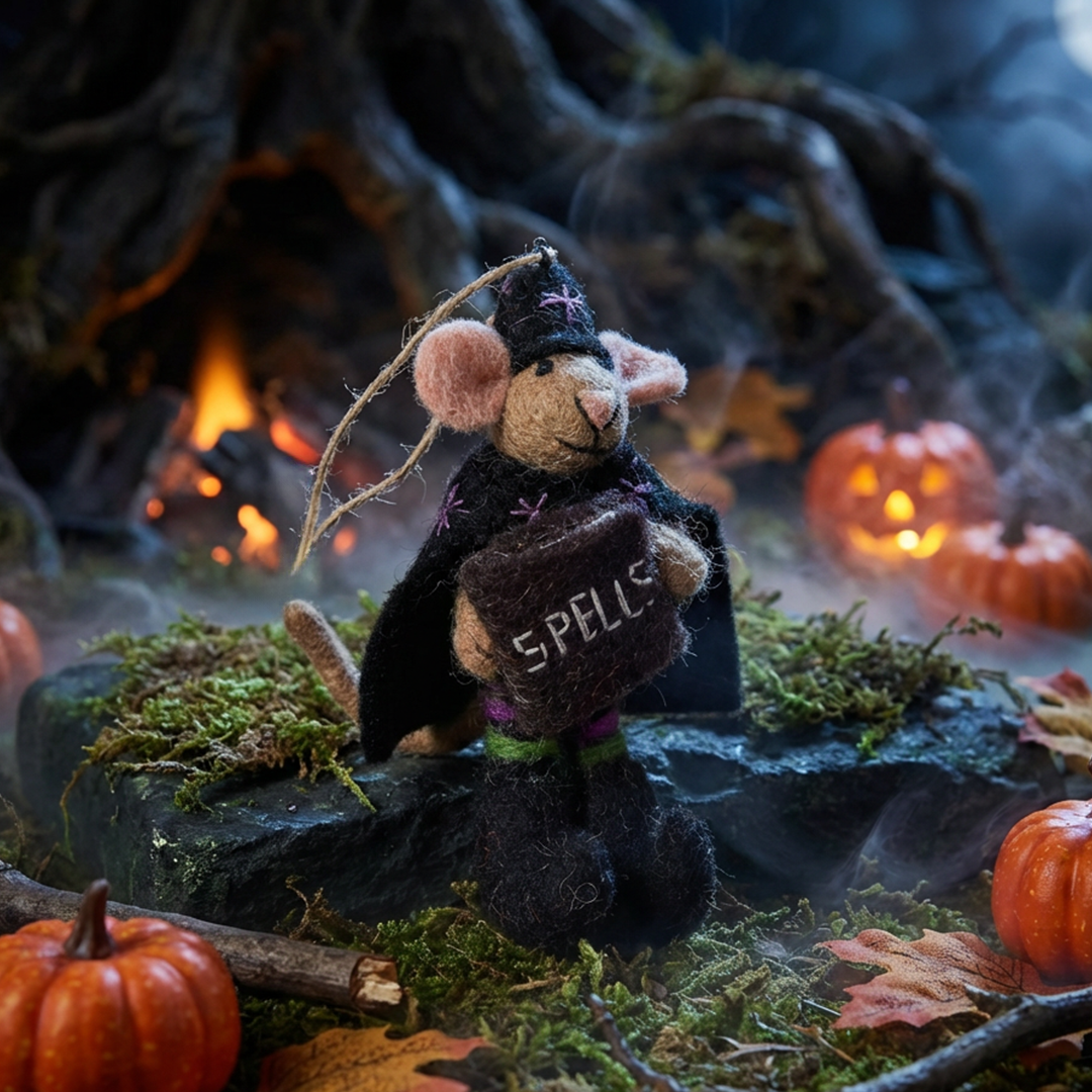 Handmade felt spellbound mouse hanging Halloween decoration with witch hat and cloak