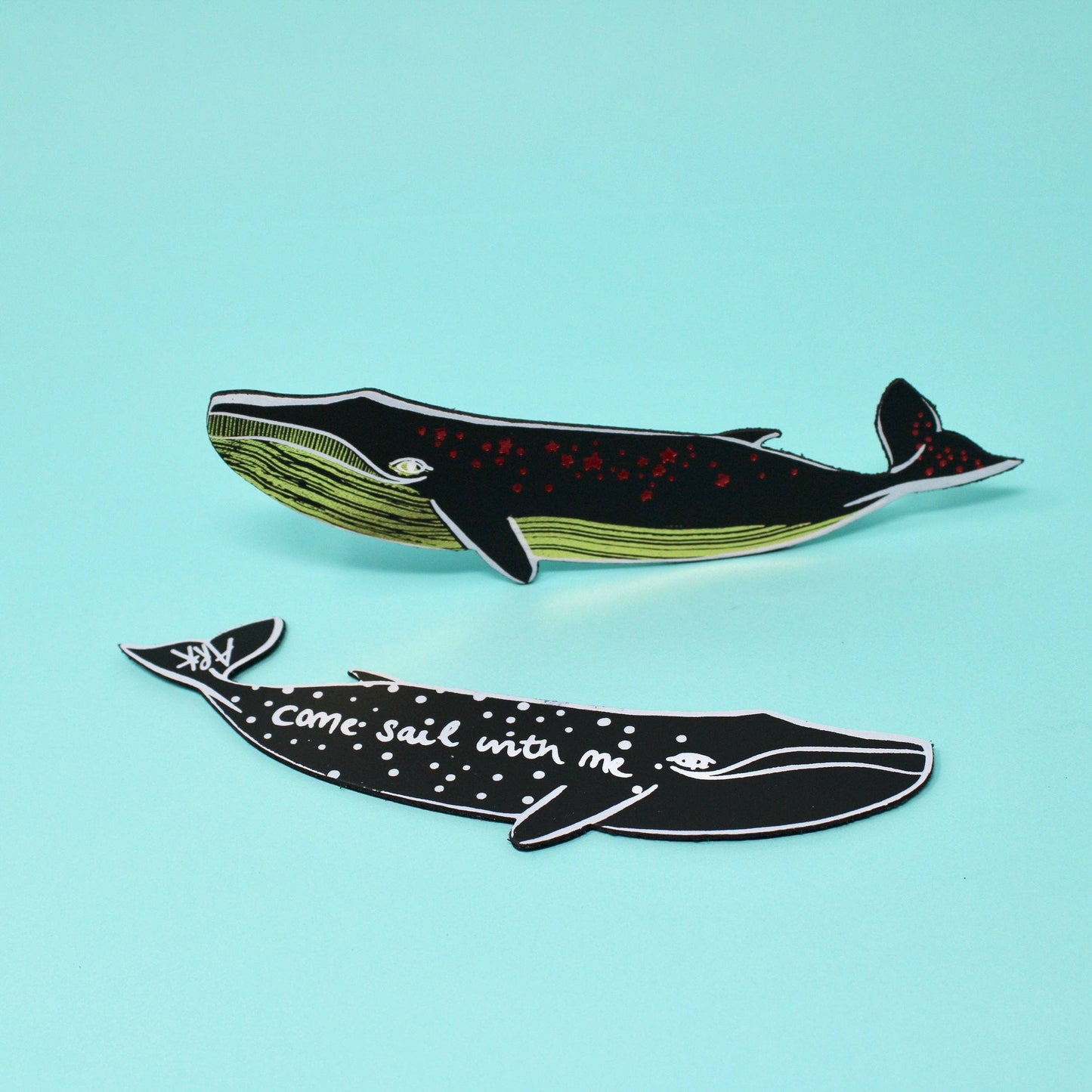 Handcrafted blue leather whale bookmark detail