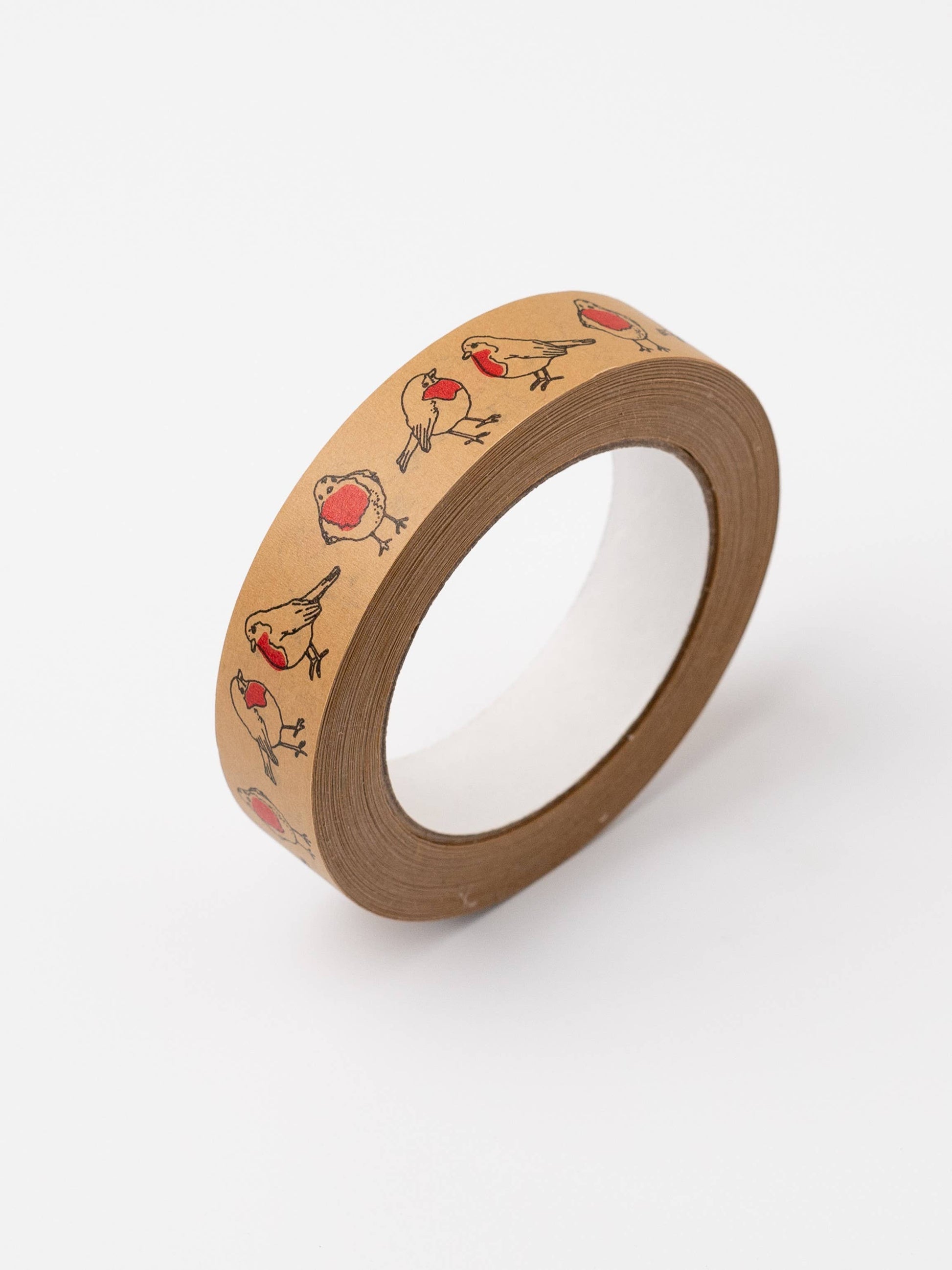 Eco Robin Christmas Paper Tape roll, 24mm x 50m, with hand-drawn festive robin design on sustainably sourced paper, perfect for sustainable gift wrapping.