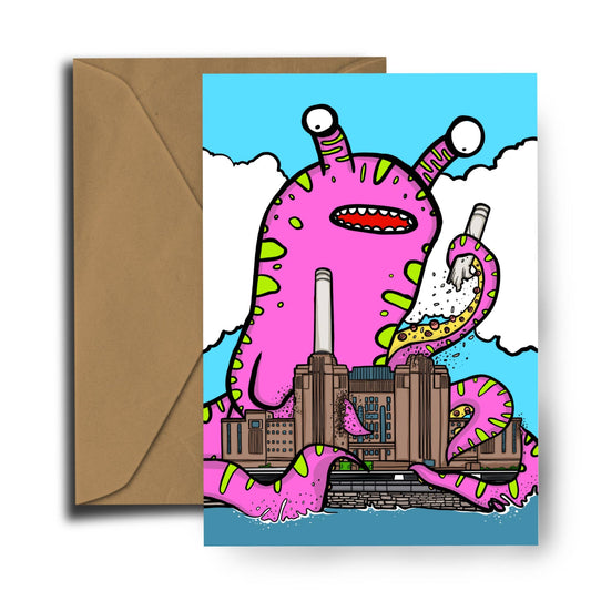 Introducing Dixon Does Doodles' fantastic illustrated world with this playful and colourful Monster Vs Battersea Power Station Greeting Card. A giant pink monster with big googly eyes, had their tentacles wrapped around Battersea Power Station and has pulled off one of the iconic chimneys. Shown with a kraft envelope.