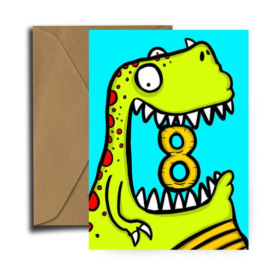 Dinosaur Birthday Number Card Age eight by Dixon Does Doodles, bright playful dinosaur design on sustainably certified A6 card with recycled kraft envelope