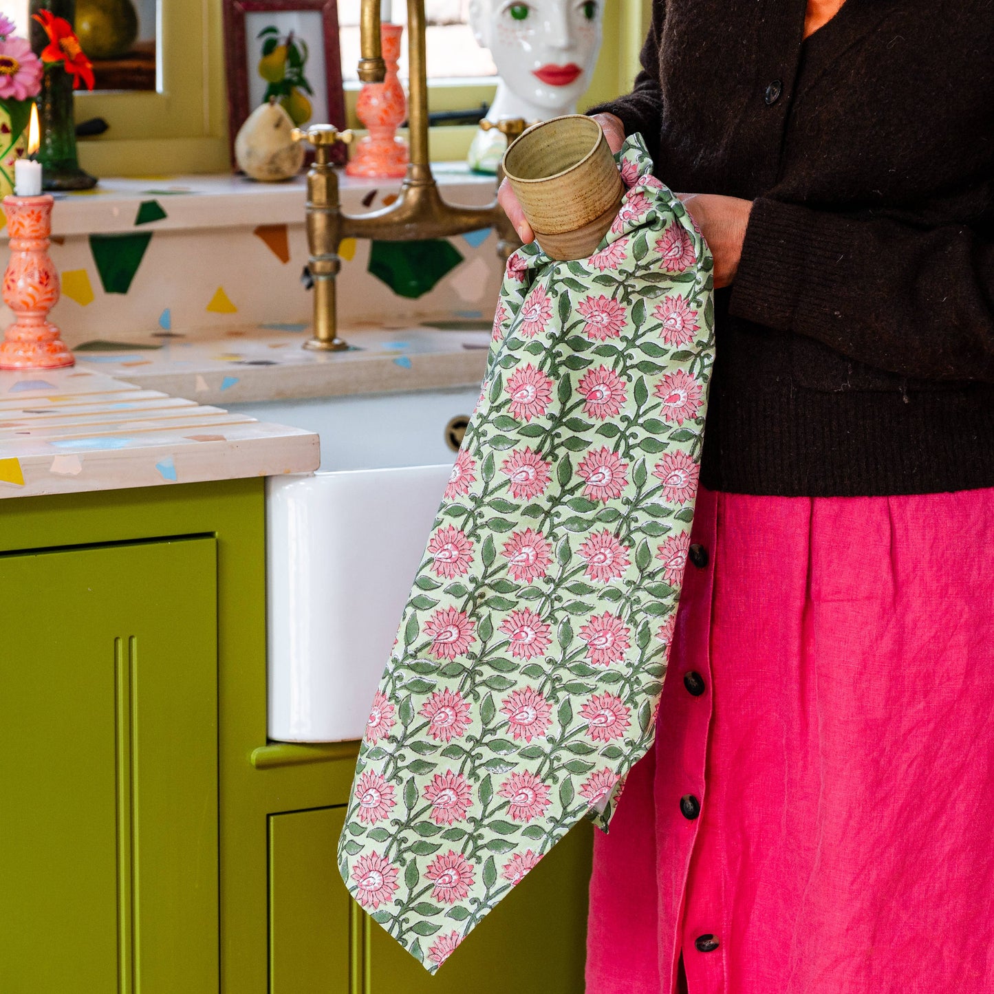 Pressed Petals Peony tea towel lifestyle view