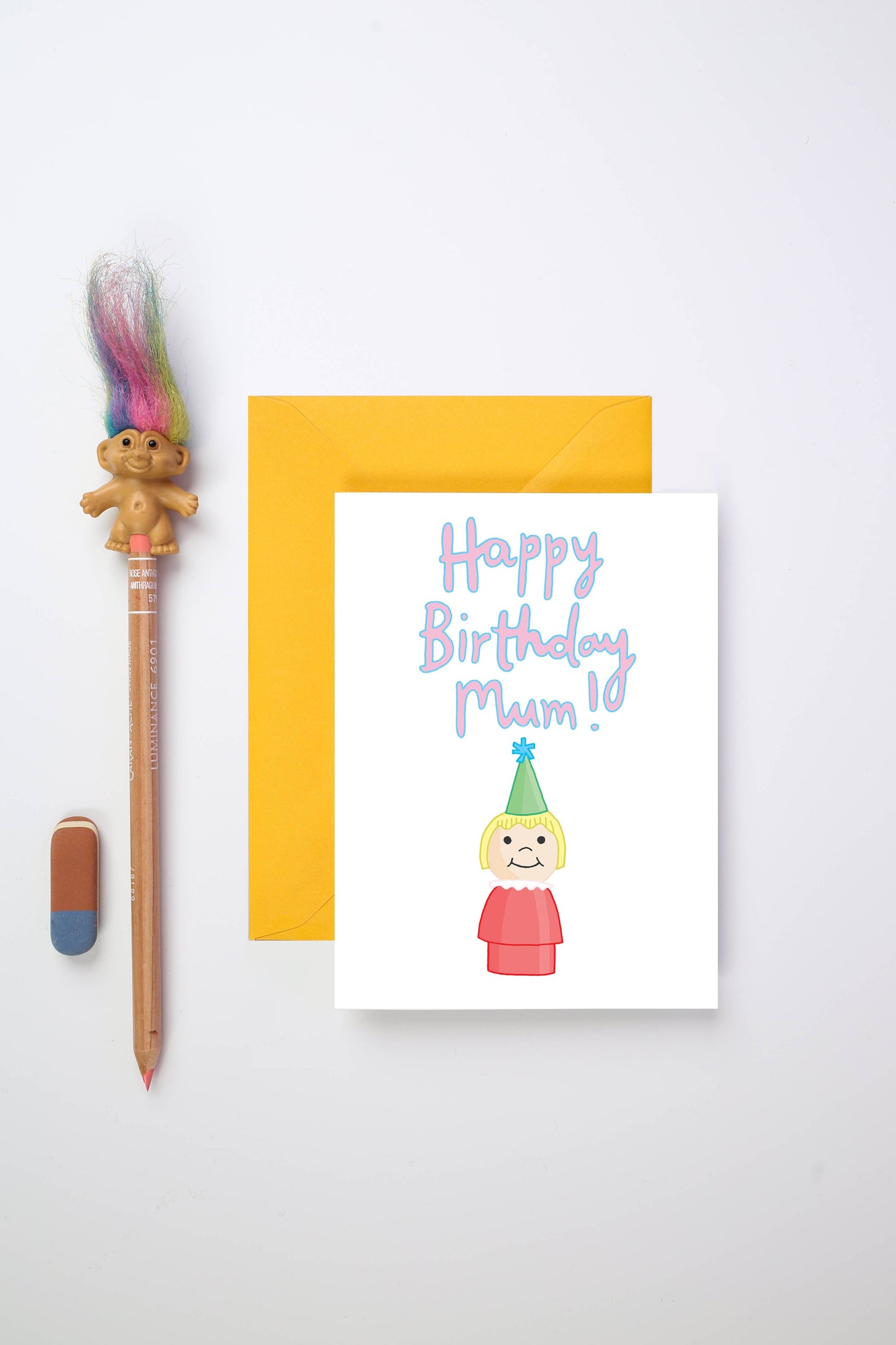 Retro toy greeting card for Mum with yellow envelope