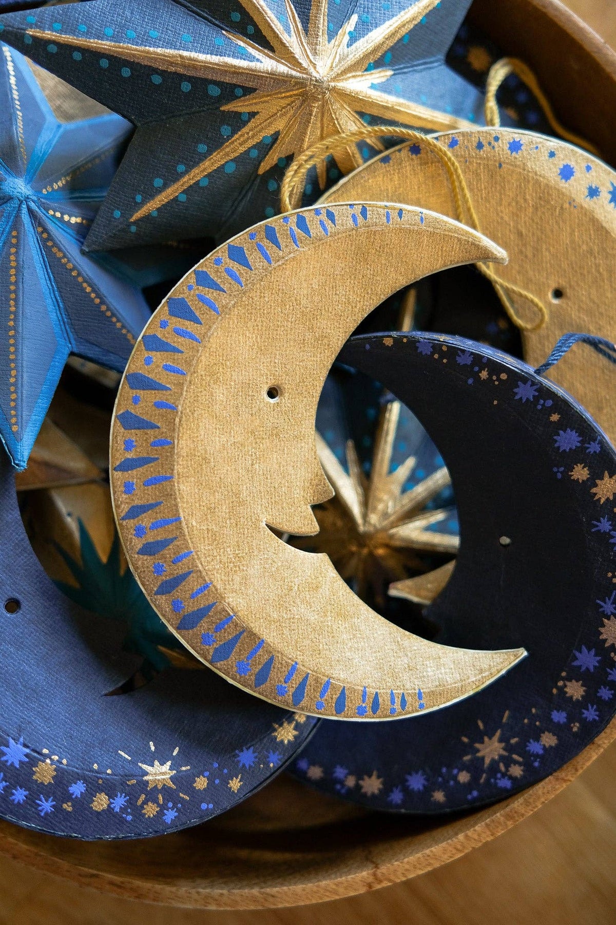 Handmade celestial Man on the Moon board ornament hanging display