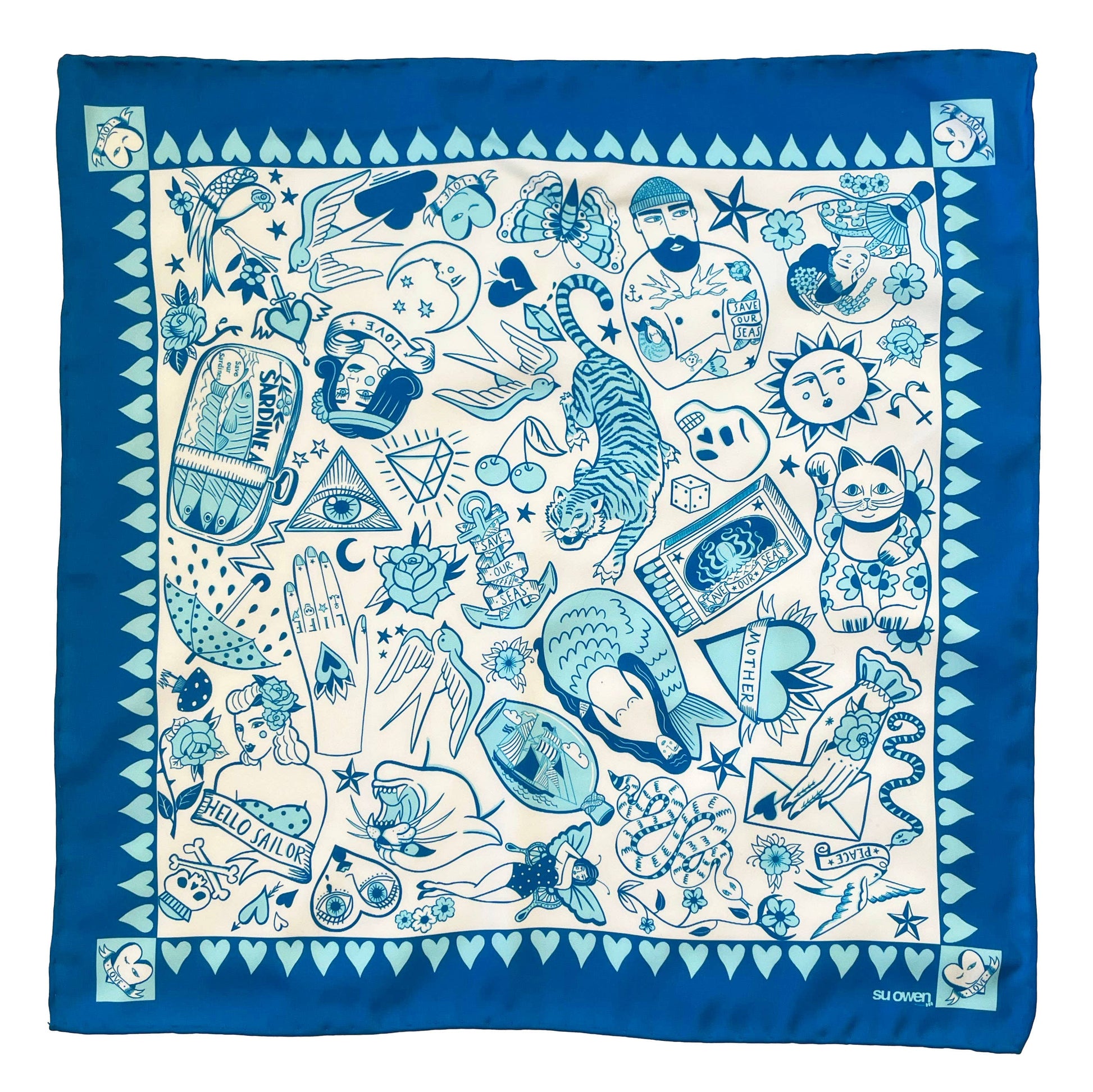 I Love Tattoos eco neckerchief pocket square by Su Owen, tattoo-inspired design printed on 100% recycled polyester eco silk twill, UK made