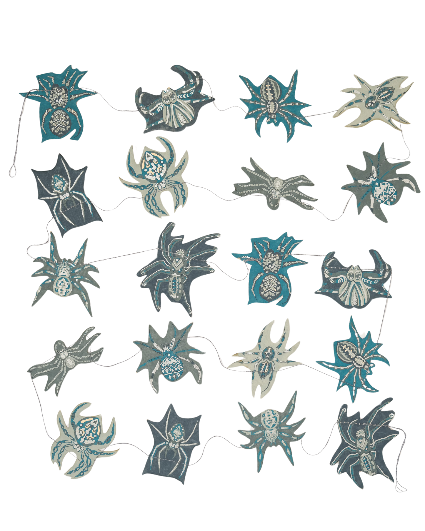 Hand-sewn recycled Halloween garland with 20 spooky screen-printed spiders