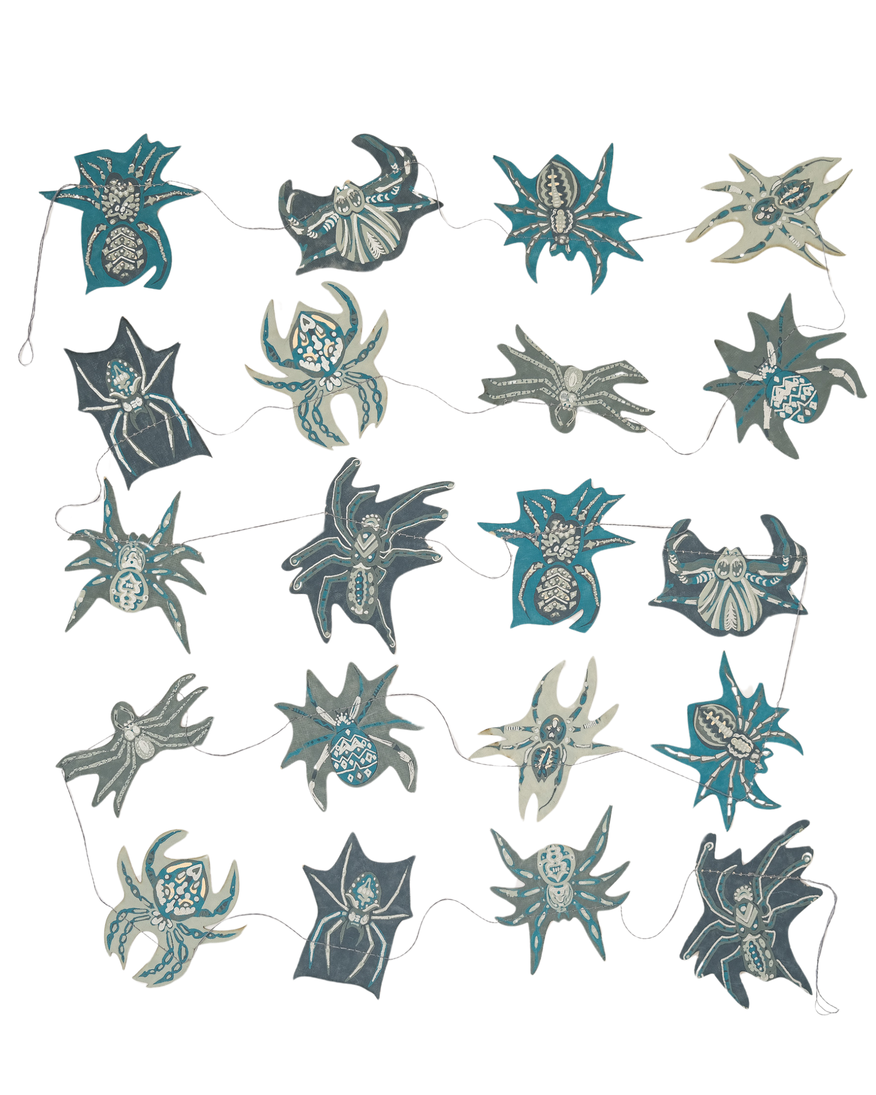 Hand-sewn recycled Halloween garland with 20 spooky screen-printed spiders