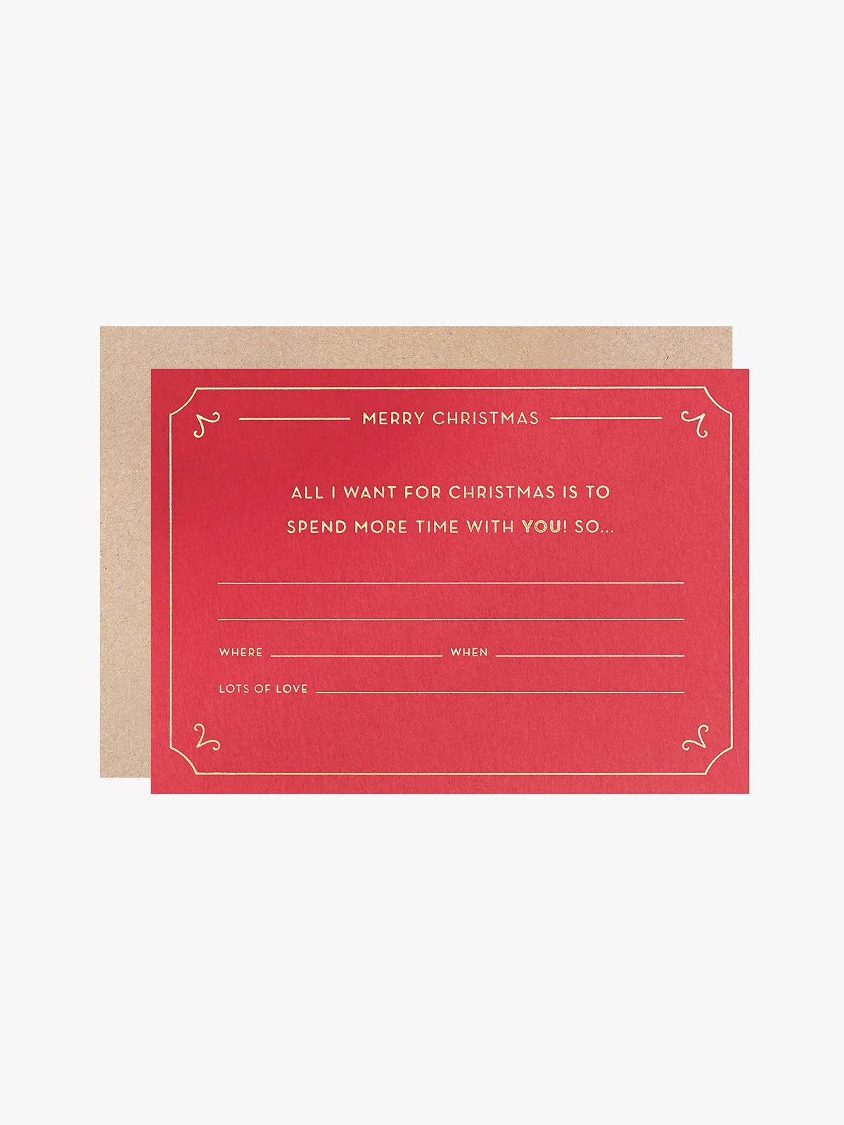 Red Christmas Gift Voucher by Another Loop, gold foil experience token on rich red sustainable card, A6 blank ticket, 100% recycled Kraft envelope.