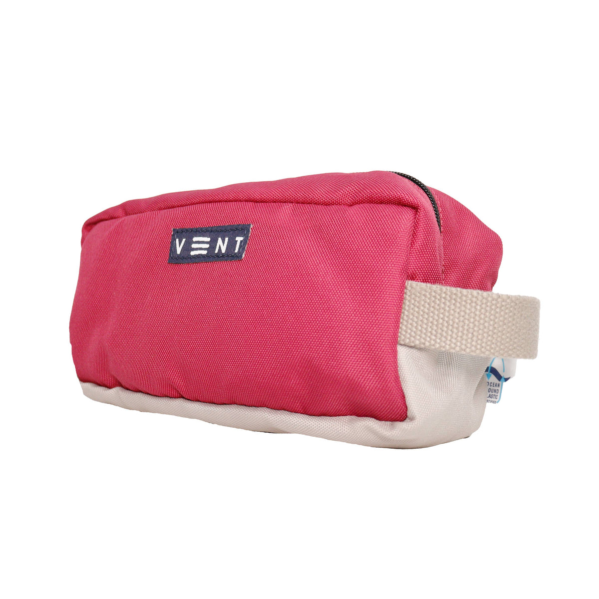 Front view of pink recycled ocean plastic bag with webbing handle