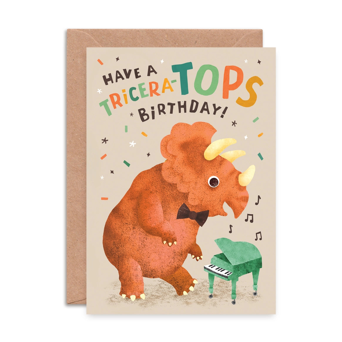 Birthday card with a triceratops playing a piano and text 'Have a Tricera-TOPS Birthday!' on a beige background.