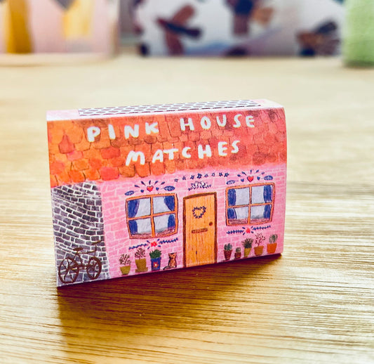 Laura Skillbeck Pink House Safety Matches, charming original illustrated matchbox, sustainably sourced wood