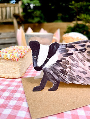 Close-up of Laura Skillbeck Badger Card, showing vintage die-cut detail on 350gsm recycled card