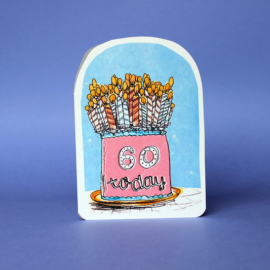 Illustrated 60th birthday card featuring a cake design by Laura Skillbeck, printed on 100% recycled 350gsm card and wrapped in a biodegradable cello wallet.