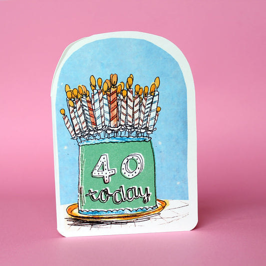 Illustrated 40th birthday card with whimsical birthday cake design by Laura Skillbeck, printed on high-quality recycled card with eco-friendly packaging