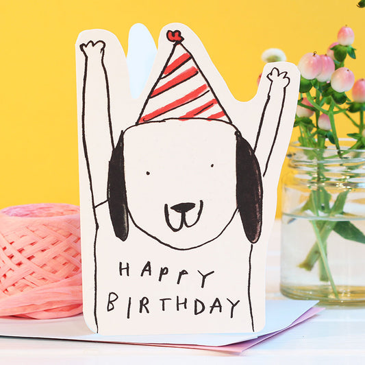 Get ready to paw-ty, because this adorable canine is pumped for your big day! He's all decked out with a party hat, ready to celebrate with you!

Original illustrated die cut design card.