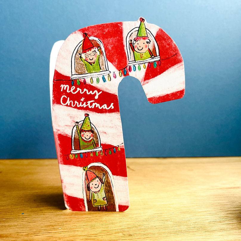 Laura Skillbeck Candy Cane Christmas Dream Home card, featuring a festive house with candy canes, printed on sustainably sourced recycled card with a biodegradable cello wallet.