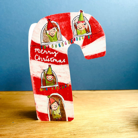 Laura Skillbeck Candy Cane Christmas Dream Home card, featuring a festive house with candy canes, printed on sustainably sourced recycled card with a biodegradable cello wallet.