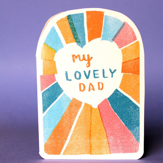 Celebrate Dad, with this bright rainbow card. Perfect for Father's Day or his birthday.

Original illustrated die cut design card.