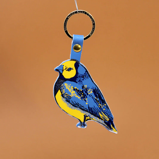 Finch Bird Leather Key Fob by Ark Colour Design, showing intricate foil detailing.