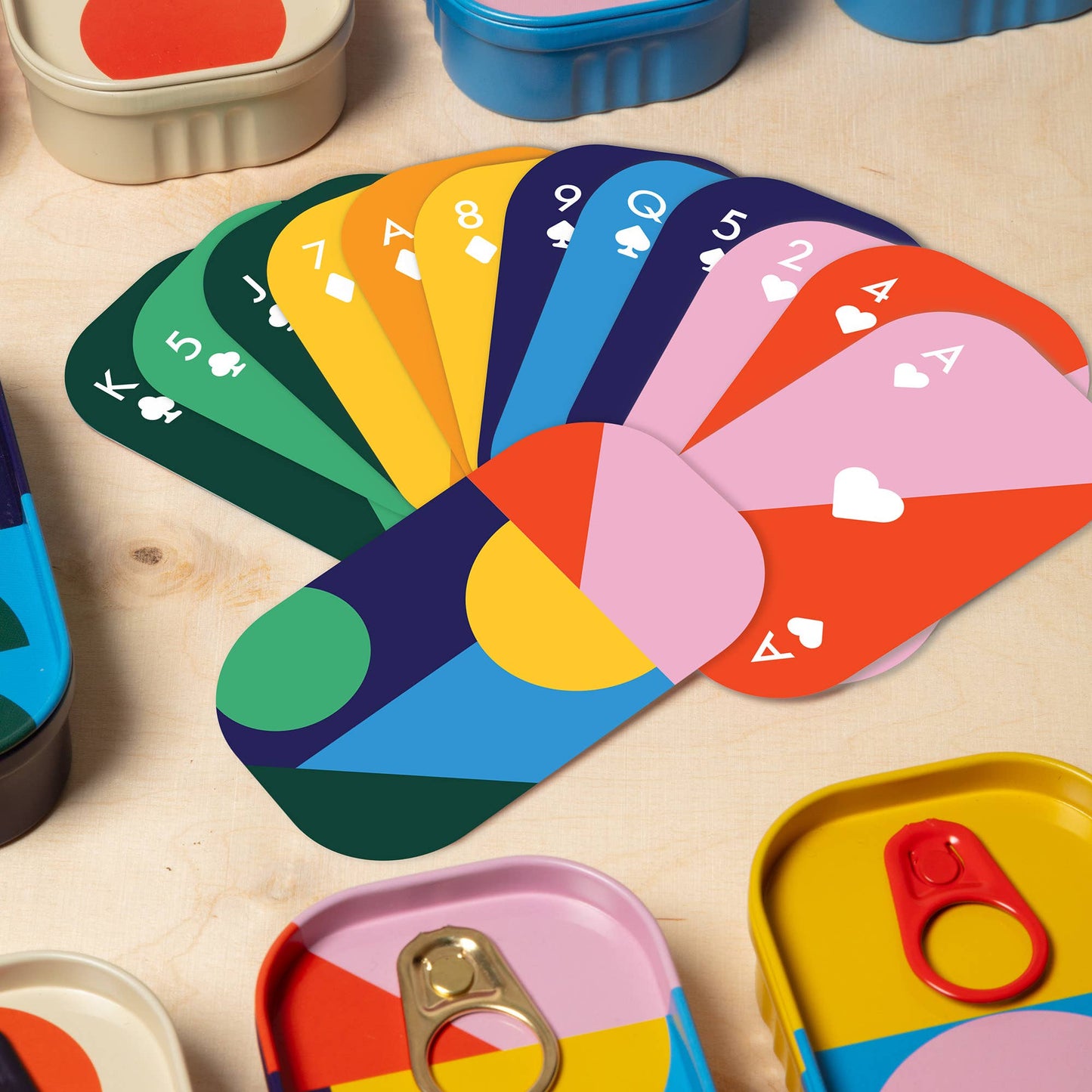 Block Design Tinned Goods Travel Playing Cards in colourful tin