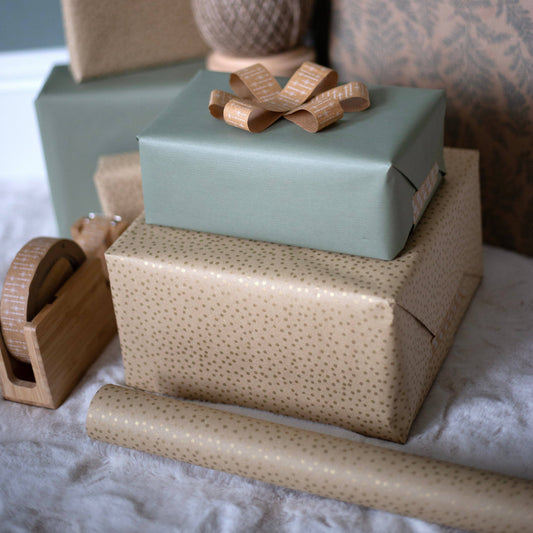 Brown with Gold Dot Kraft Wrapping Paper – 5m Roll, 100% Recycled & Recyclable, Sustainable Gift Wrap