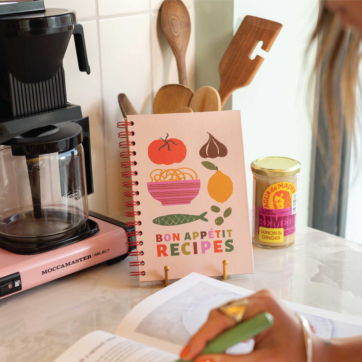 Close-up of Flavours A5 Recipe Journal showing wire-binding and flat-lay design