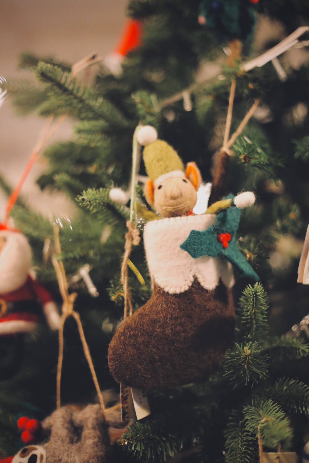 Traditional Christmas decor: felt mini stocking in a festive setting