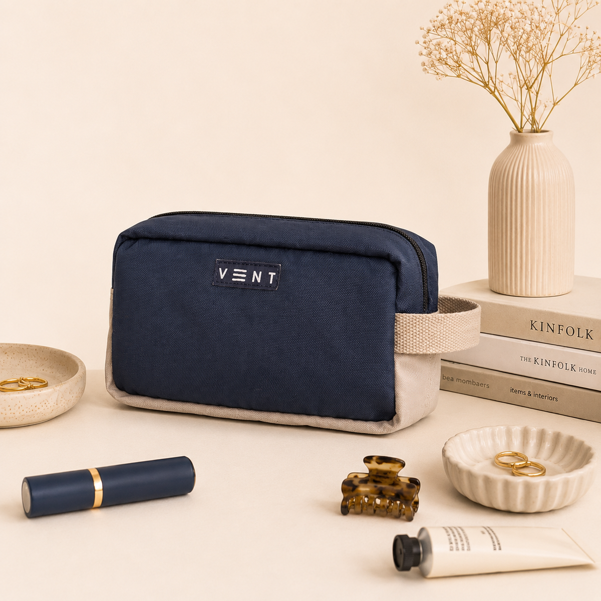 Navy blue recycled ocean plastic cosmetics and stationery bag