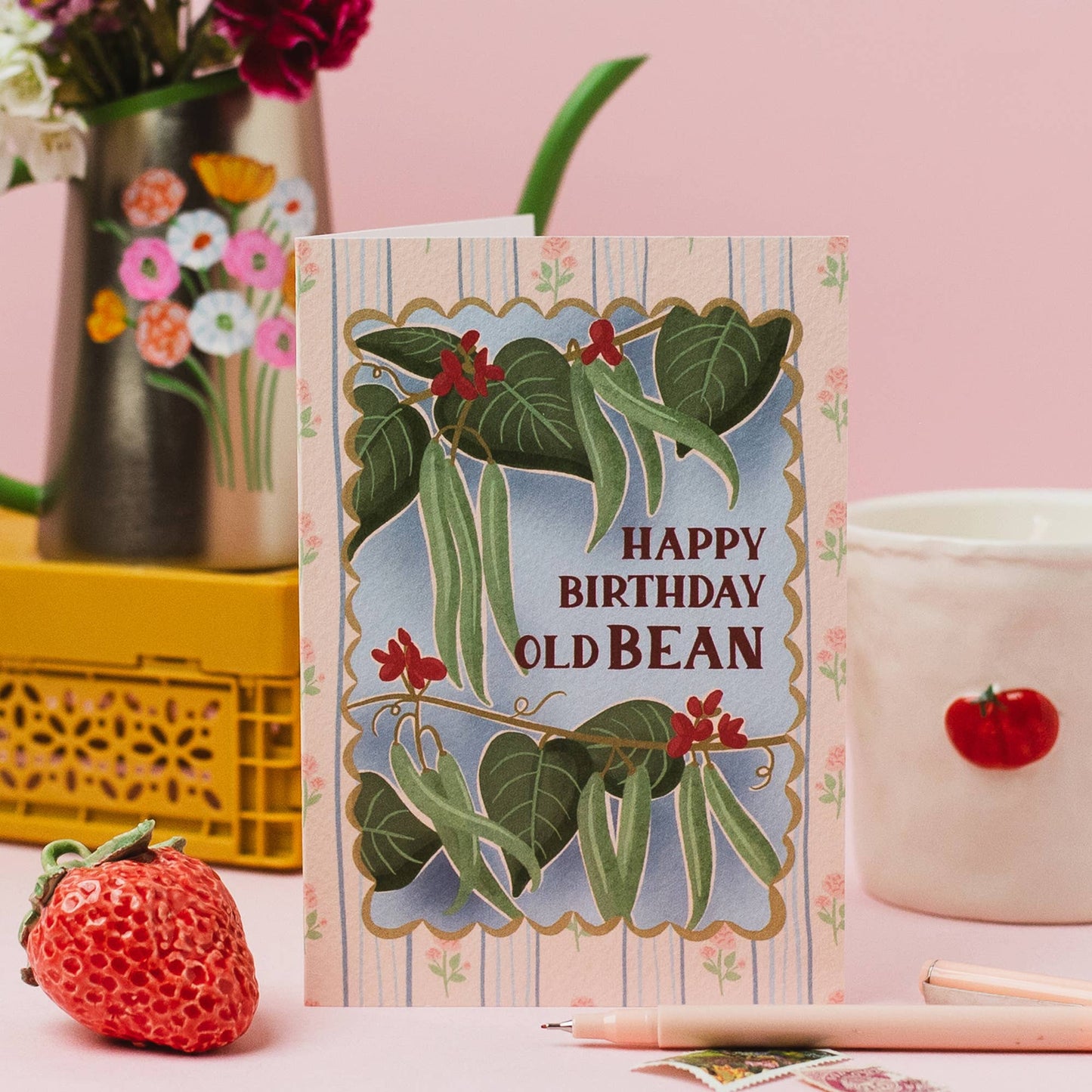 Close up of runner bean illustration on textured card