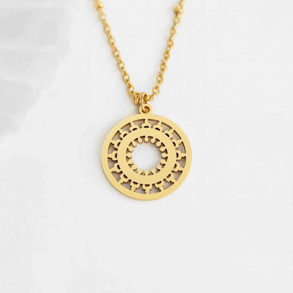 Gold Mandala Necklace on branded display card