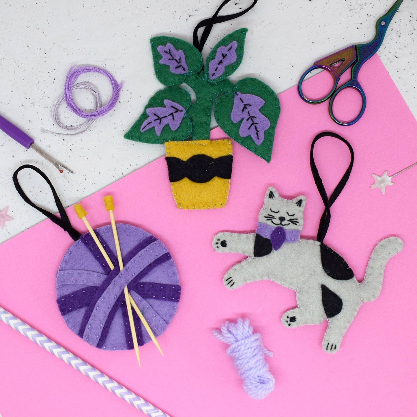 Crafty Cats Felt Stitching Set. Three felt hanging decorations. A cat, a ball of wool and a plant.