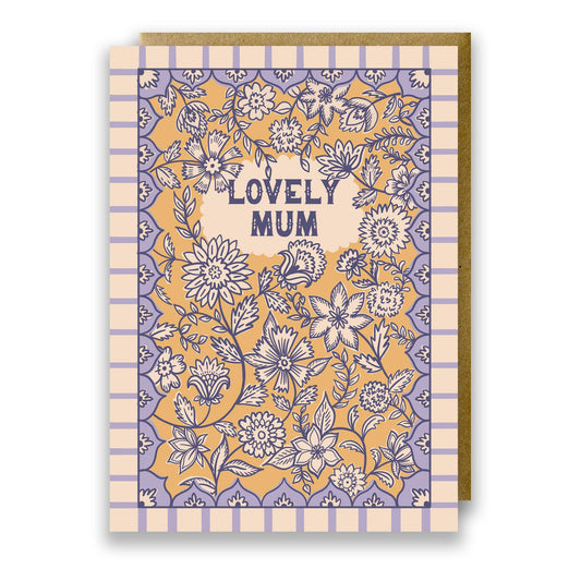 Indian Floral Lovely Mum Greeting Card with lilac and yellow pattern