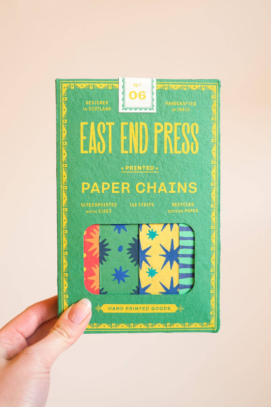 Hand-printed colourful paper chain kit strips