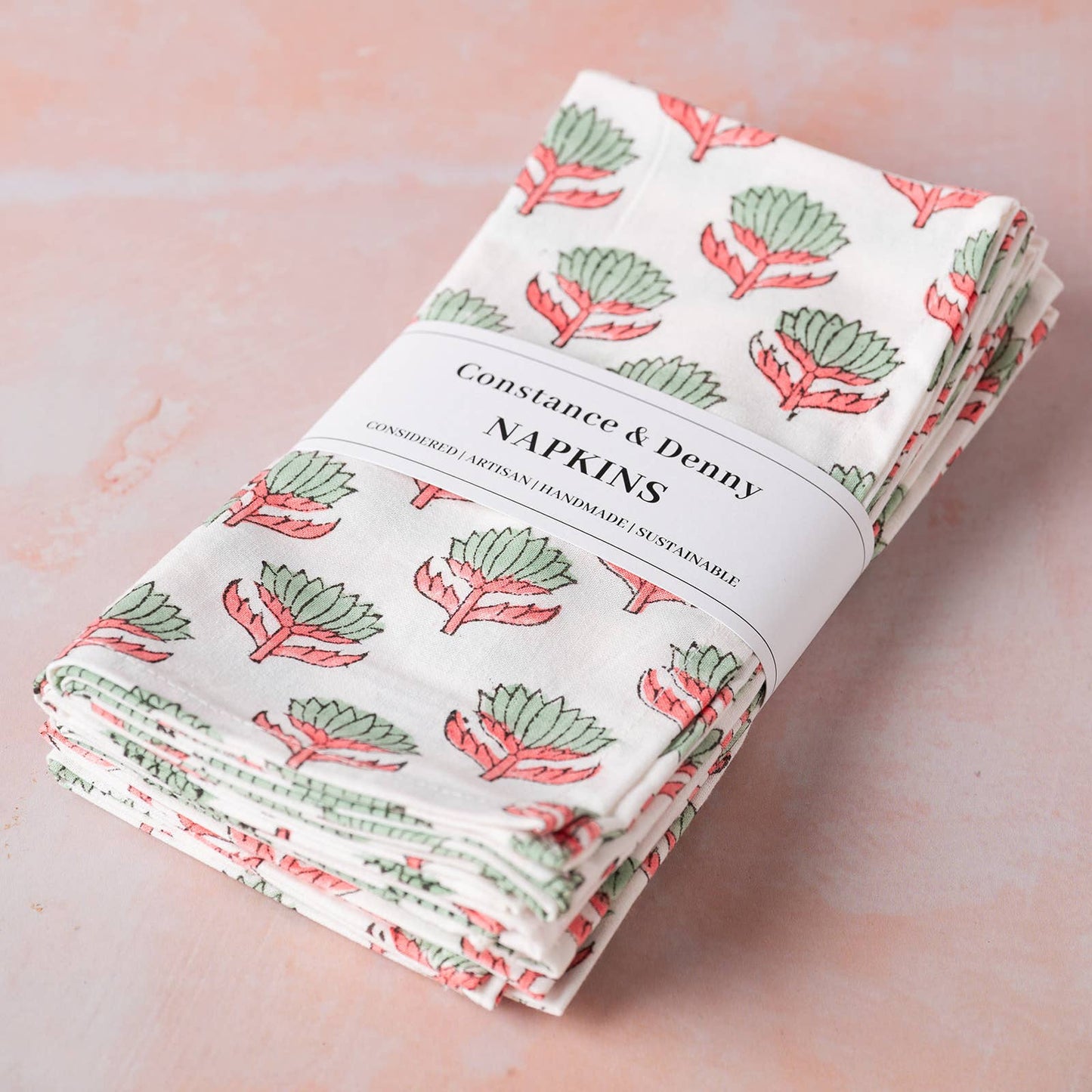 Lotus Flower Sage & Pink hand-block printed cotton napkins set of 6