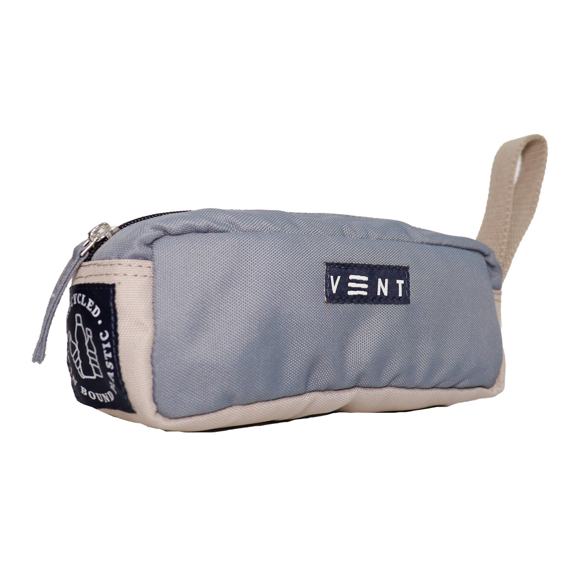 Dusty blue eco friendly pencil case held by fabric handle